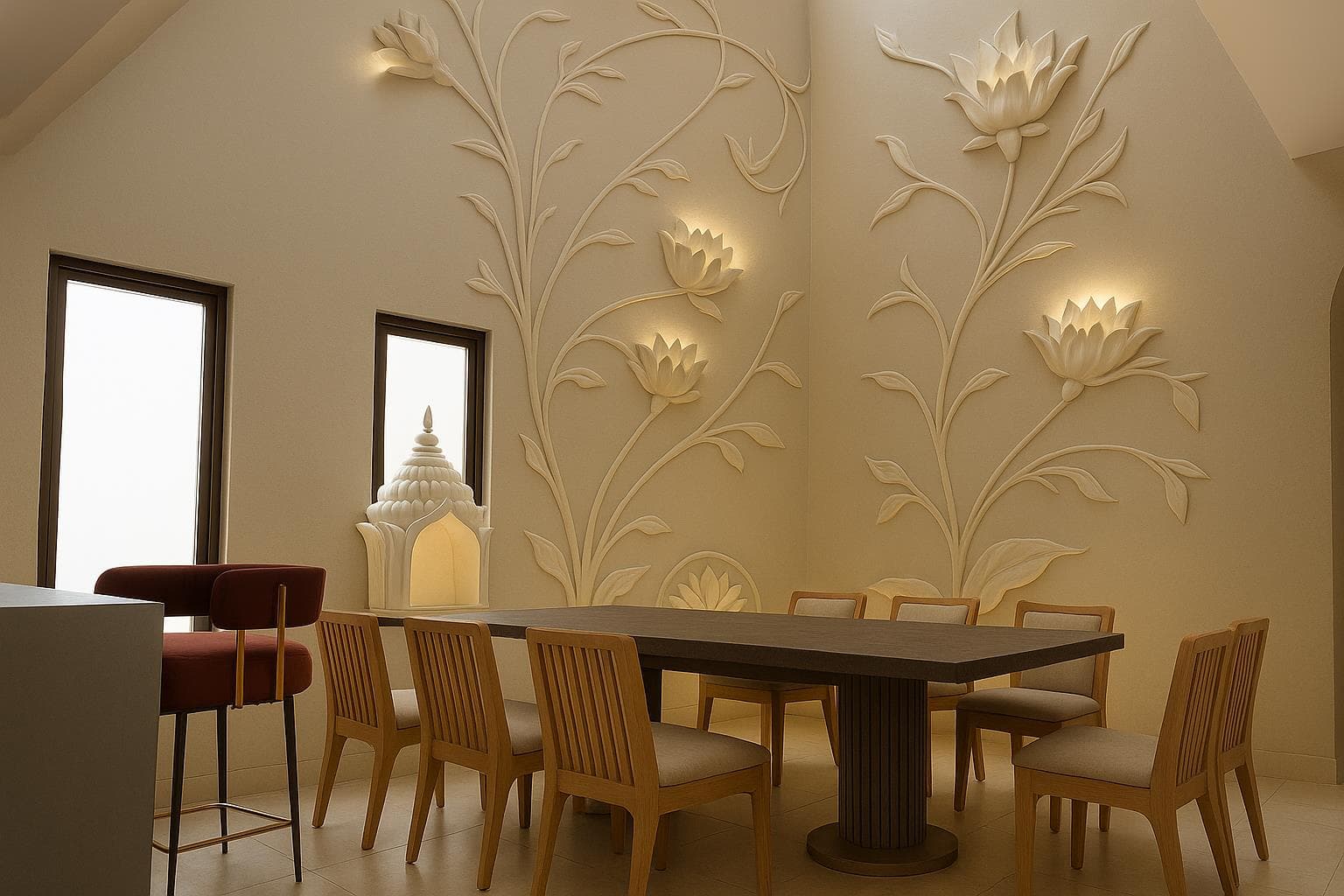Dining with sculptural wall